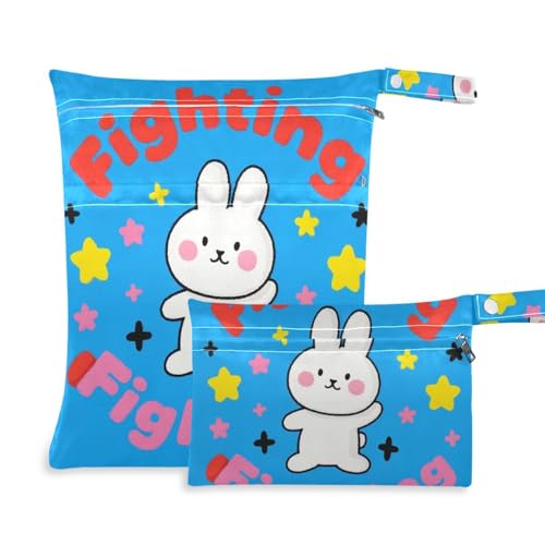 Amooorous Fighting Cartoon Cute White Rabbit Zipper Wet Bags 2 Pack Wickeltasche Wesentliche Gegenstände mit Griffen zum Baden und Baden von Amooorous