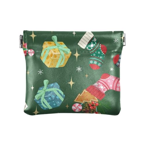 Amooorous Green Merry Christmas Party PU Leder Kleingeld Geldbörse Niedlich Kleingeld Geldbörse mit Verschluss für Männer Frauen Reisen, Grüne Frohe Weihnachten Party, 1 size von Amooorous