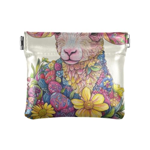 Amooorous Happy Easter Cartoon Cute White Lamb Flowers Women PU Leather Coin Purse Portable Change Purse with Clasp for Women, Frohe Ostern Cartoon süße weiße Lammblumen, 1 size von Amooorous
