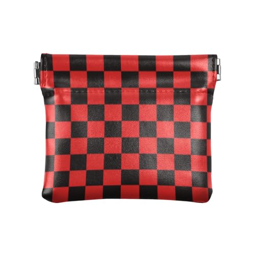 Amooorous Hellrot und Schwarz Kariertes Muster Damen Kleine Leder Münzbörse Fancy Mini Kleingeld Geldbörse Münzfach für Mädchen Frauen Damen, Hellrotes und schwarzes Karomuster, 1 size von Amooorous