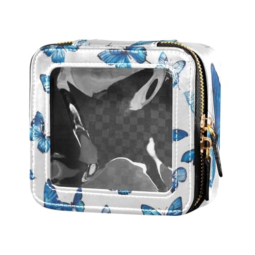 Amooorous Kosmetiktasche, weißer Hintergrund mit vielen blauen Schmetterlingen, transparent, kleine Kulturbeutel, Leder-Organizer-Taschen zum Fliegen, Weißer Hintergrund mit vielen blauen von Amooorous