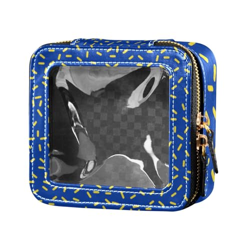 Amooorous Kosmetiktasche aus Leder, blauer Hintergrund mit gelben Streifen, durchsichtig, Kulturbeutel, Leder-Organizer-Taschen zum Fliegen, Blauer Hintergrund mit gelben Streifen, 1 size von Amooorous