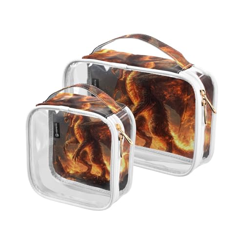 Amooorous Kulturbeutel für Herren, Motiv: Cool Flame Dinosaurier, transparent, TSA-genehmigt, wasserabweisend, transparent, Make-up-Tasche, Rasierutensilien, 2 Stück, Orange Cool Flame Dinosaurier, 1 von Amooorous