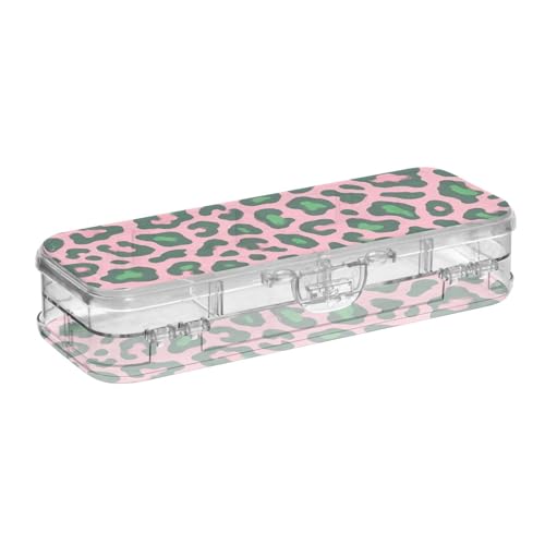 Amooorous Kunststoff-Box für Bleistifte, doppelstöckig, transparent, mit Leopardenmuster, Rosa und Grün, mit Schnappverschluss von Amooorous