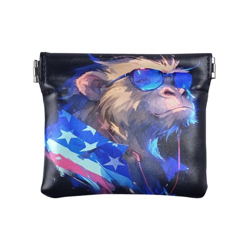 Amooorous Lustiges Tierbaboon 4. Juli Unabhängigkeitstag Damen Leder Münzgeldbörse Geldbörse Einzigartige Organisationstaschen für Männer Frauen Reisen, Lustiges Tier Baboon 4. Juli Unabhängigkeitstag von Amooorous