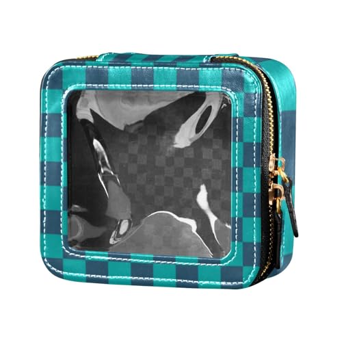 Amooorous Make-up-Tasche mit Schachbrettmuster, transparentes Leder, Kulturbeutel, Nagellack, Organizer für Reisen, Blaugrünes Schachbrett, 1 size von Amooorous