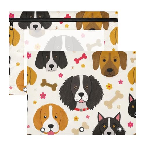 Amooorous Mehrzweck-Federmäppchen mit 3 Ringen für A4-Papier, Briefe, 2 Stück, Lehrer, Zuhause, Cartoon, Hundeköpfe und Knochen von Amooorous