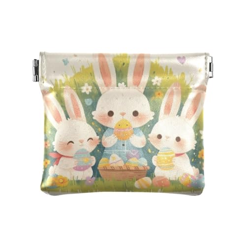 Amooorous Münzgeldbörse, Motiv: Frohe Ostern, niedliches weißes Kaninchen, für Damen und Herren, Leder, ausgefallene Mini-Geldbörse für Kleingeld, Münzfach für Männer und Frauen, Frohe Ostern Cartoon von Amooorous