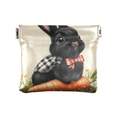 Amooorous Niedliche schwarze Geldbörse mit Aufschrift "Happy Easter Bunny Carrot PU Leather Small Coin Purse Convenient Mini Card Holder Wallet for Men Women Travel, Niedliche schwarze Frohe Ostern von Amooorous