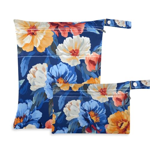 Amooorous Ölgemälde mit Retro-Blumen in Blau, waschbar, wasserdicht, 2 Stück, Wickeltasche, unverzichtbare Gegenstände mit Griffen für Reisen, Strand von Amooorous
