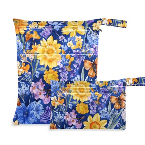 Amooorous Ölgemälde mit gelben Retro-Sonnenblumen, Reißverschluss, schmutzige Kleidung, 2 Stück, Nassbeutel für Badeanzug mit Griffen für Fitnessstudio, Babywindeln von Amooorous