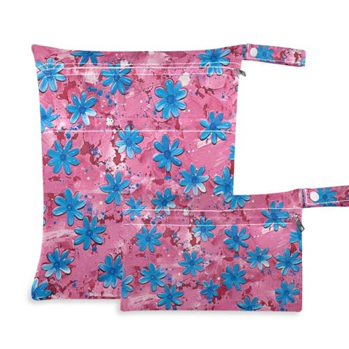 Amooorous Ölgemälde mit retro blauen Blumen waschbar Packsack 2er-Pack Reise-Zubehör für Flug mit Griff für Kindergärten, Kindergärten von Amooorous
