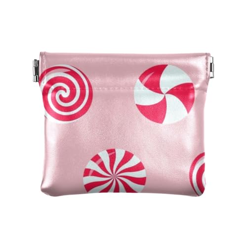 Amooorous Pfirsichrote Weihnachts-Süßigkeiten-Geldbörse für Damen, klein, Leder, ausgefallener Kleingeldhalter, Kartenorganizer für Männer und Frauen, Reisen, Pfirsichrote Weihnachtssüßigkeiten, 1 von Amooorous