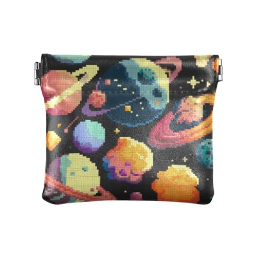 Amooorous Pixel Style Cosmic Planet Damen Leder Münzgeldbörse Ausgefallene Wechselgeldbörse für Frauen Jungen Mädchen, Pixel-Stil Cosmic Planet, 1 size von Amooorous