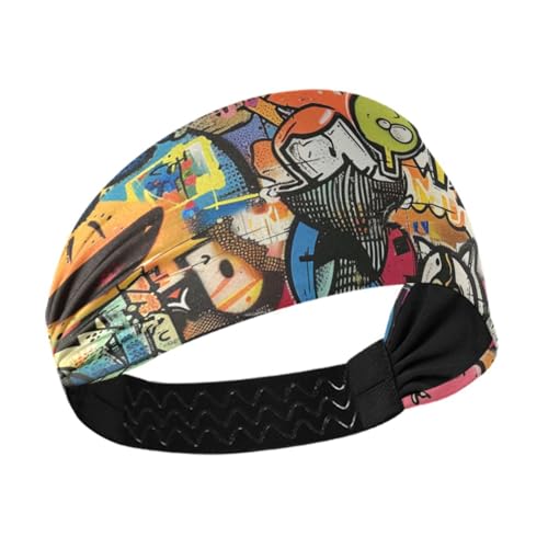 Amooorous Rutschfeste Sport-Stirnbänder für Damen, Cartoon-Collage, elastisch, schweißtreibende Bänder für Fitnessstudio, Sport, Wandern, Bandas para el sudor von Amooorous