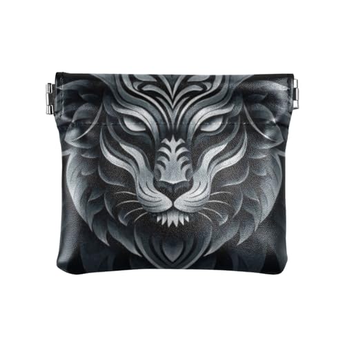 Amooorous Schwarze abstrakte geometrische Löwe Damen Kleine Leder Münzgeldbörse Portemonnaie Ausgefallene Bargeld Münzbörse für Männer Frauen Reisen, Schwarzer abstrakter geometrischer Löwe, 1 size von Amooorous