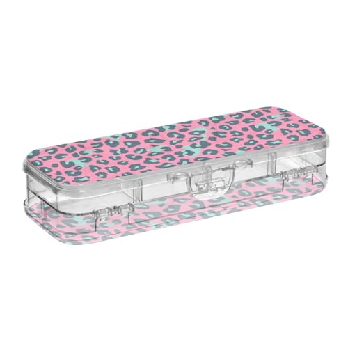 Amooorous Stiftebox mit Leopardenmuster, 2-lagig, transparent, hart, für die Schule, mit Schnappdeckel, Rosa und Grün von Amooorous