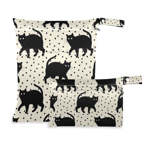 Amooorous Turnbeutel mit Reißverschluss, gepunktet, schwarze Katze, 2 Stück, Reiseutensilien zum Fliegen, mit Griffen, für Reisen, Yoga von Amooorous