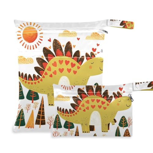 Amooorous Wasserdichte Nassbeutel im Kritzelei-Stil, Cartoon-Dinosaurier, herzförmig, 2 Stück, Reiseutensilien für Babys, mit Griffen für Strand, Yoga von Amooorous