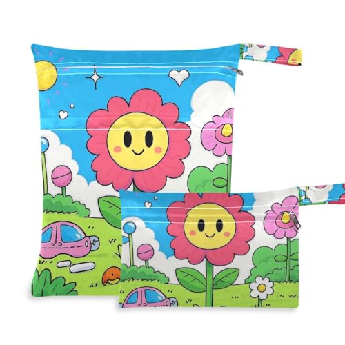 Amooorous Wasserdichte Wäschesäcke mit Cartoon-Motiv und rosa Sommerblumen, 2 Stück, Wickeltasche, unverzichtbare Gegenstände mit Griffen für Yoga, Strand von Amooorous