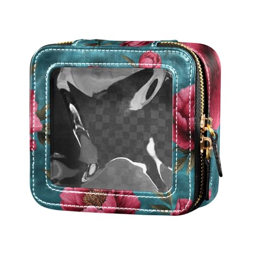 Art Peonies Make-up-Tasche, Reise-Kulturbeutel, Make-up-Organizer für Reisen, Blaugrün / Rot von Amooorous