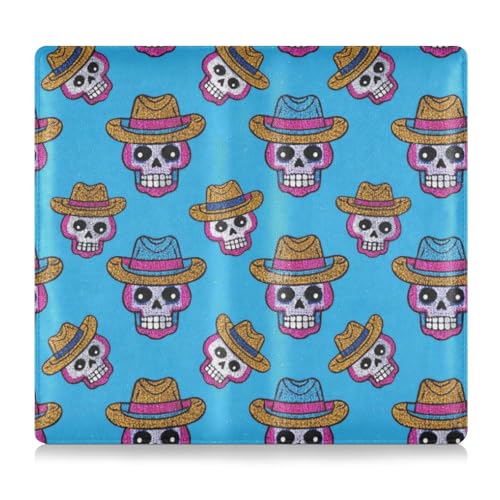 Ausweishülle mit künstlichem Glitzer-Cartoon-Cowboy-Schädel, PU-Leder, für Registrierungs- und Versicherungskarten, Organizer für Dokumente, Karten, Führerschein, Blau, Künstlicher von Amooorous