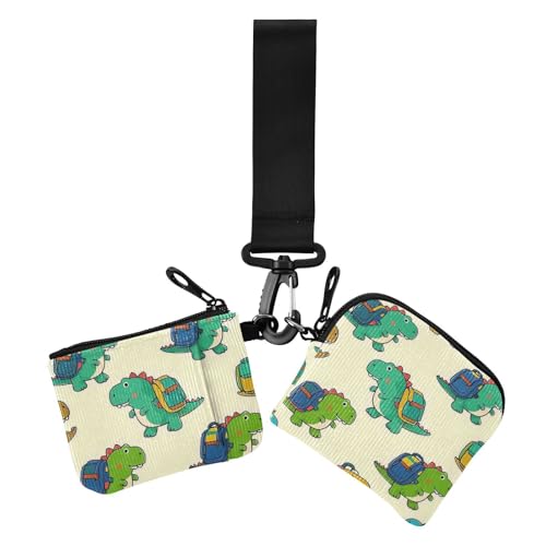 Beigefarbene Cartoon-Geldbörse mit niedlichem Dinosaurier-Silhouette, Doppel-Münzgeldbörse, Kreditkartenhalter, Geldbörse, kompakte Größe, Reißverschluss, Geldbörse mit Handgelenkschlaufe für Damen, 2 von Amooorous