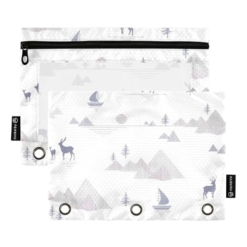 Binder-Bleistifttaschen mit transparentem Fenster, grauer Hirsch und Bergwälder, Ringordner mit Taschen in verschiedenen Farben, 3-Ring-Bindertasche zur Aufbewahrung von Schulstudenten, Lehrerbedarf von Amooorous