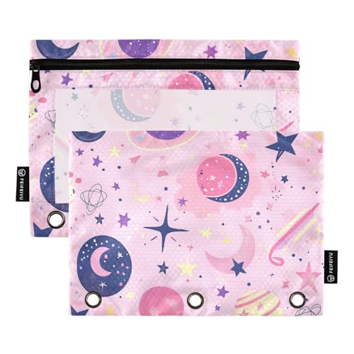 Binder-Bleistifttaschen mit transparentem Fenster, pfirsichfarben und schwarzer Stern-Planeten-Ringordner mit Taschen, große Kapazität, 3-fach gelocht, Ordner für Bürobedarf, mehrfarbig, 2 Stück von Amooorous