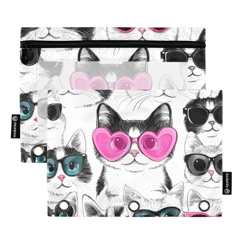 Binder-Reißverschluss mit transparentem Fenster, Cartoon, niedliches schwarz-weißes Kätzchen, großes Federmäppchen mit Reißverschluss, verstärkte Ösen, Federmäppchen, 3 Stück, für Büro, Schule von Amooorous