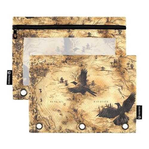 Binder-Reißverschluss mit transparentem Fenster, braunes Abenteuer-Vogel, großes Federmäppchen, transparentes Fenster und Ösen, 3 Ringe, Bindertasche zur Aufbewahrung von Schulstudenten, Lehrerbedarf von Amooorous