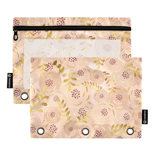 Binder-Reißverschluss mit transparentem Fenster, rotgoldenes Fantasy-Blumen-Federmäppchen mit Reißverschluss, verstärkte Ösen, 3 Ringe, Federmäppchen für Schule, Büro und Zuhause, mehrfarbig, 2 Stück von Amooorous