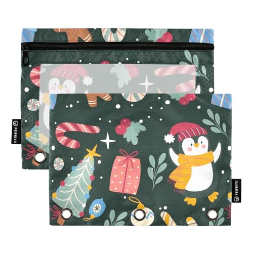 Bindertaschen mit 3 Ringen mit Reißverschluss und transparentem Fenster, Grün, Frohe Weihnachten, Party, Stoff-Federmäppchen, große Kapazität, 3 Ringe, Reißverschlussbuch zur Aufbewahrung von Schule von Amooorous