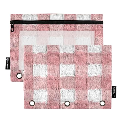Bindertaschen mit 3 Ringen mit Reißverschluss und transparentem Fenster, Öl auf Leinwand, pfirsichfarben und weiß kariertes Muster, Bleistiftbeutel, transparentes Fenster und Ösen, 3 Ringe Bindertaschen mit 3 Ringen mit Reißverschluss und transparentem Fenster, Öl auf Leinwand, pfirsichfarben und weiß kariertes Muster, Bleistiftbeutel, transparentes Fenster und Ösen, 3 Ringe von Amooorous