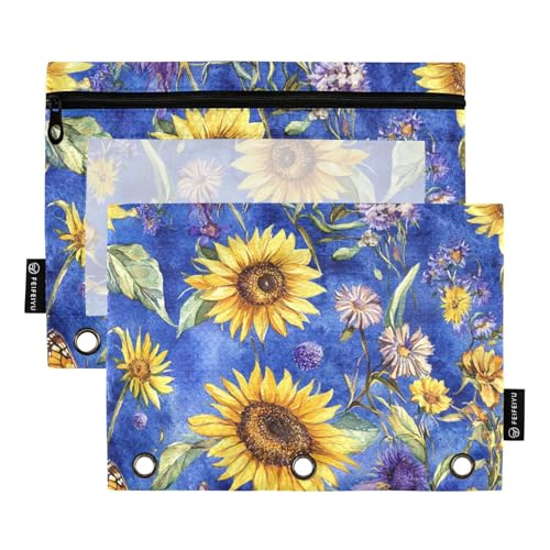 Bindertaschen mit 3 Ringen mit Reißverschluss und transparentem Fenster, Ölgemälde mit gelben Retro-Sonnenblumen, Federmäppchen mit großem Fassungsvermögen, 3 Ringe, Federmäppchen zur Aufbewahrung von von Amooorous