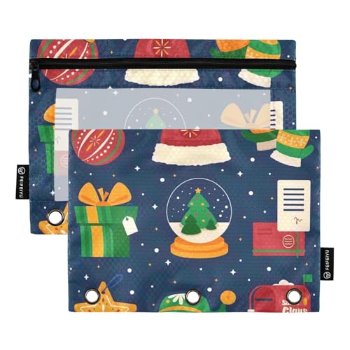 Bindertaschen mit 3 Ringen mit Reißverschluss und transparentem Fenster, blau, Frohe Weihnachten, Party, Reißverschluss, Federmäppchen mit Reißverschluss, verstärkte Ösen, 3-Loch-Binder zur von Amooorous