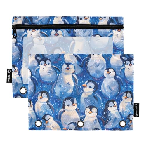 Bindertaschen mit 3 Ringen mit Reißverschluss und transparentem Fenster, blauer Hintergrund mit vielen kleinen Cartoon-Pinguinen, großes Federmäppchen mit Reißverschluss, großes Fassungsvermögen, 3 von Amooorous
