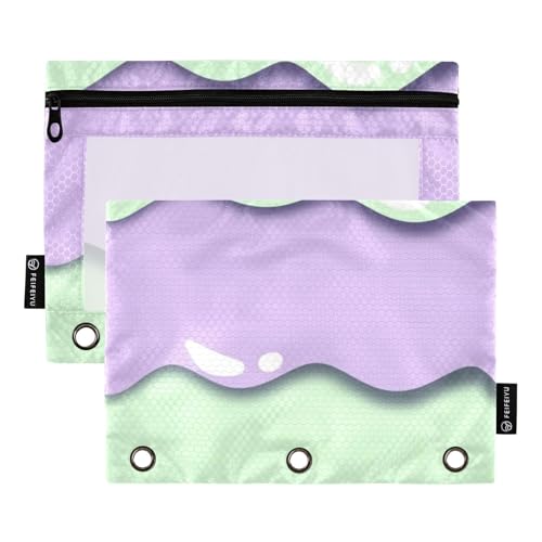 Bindertaschen mit 3 Ringen mit Reißverschluss und transparentem Fenster, lila und grün, Süßigkeitenstoff, großes und stabiles Federmäppchen mit drei Ringen zur Aufbewahrung von Schul- und Bürobedarf von Amooorous