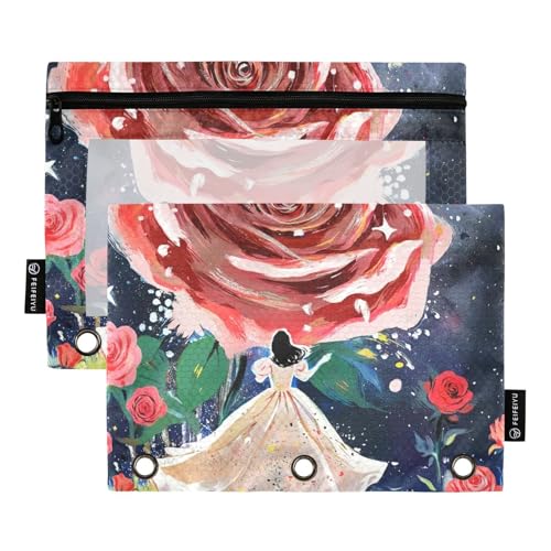 Bindertaschen mit 3 Ringen mit Reißverschluss und transparentem Fenster, rote Rose, Federmäppchen in verschiedenen Farben, 3-Loch-Ordner zur Aufbewahrung von Schulstudenten, Lehrerbedarf, mehrfarbig von Amooorous