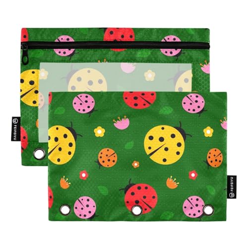 Bindertaschen mit 3 Ringen mit transparentem Fenster, buntes Cartoon-Marienkäfer-Reißverschluss, Federmäppchen, transparentes Fenster und Ösen, 3-Loch-Binder für Büro, Schule, Kosmetik, mehrfarbig, 2 von Amooorous