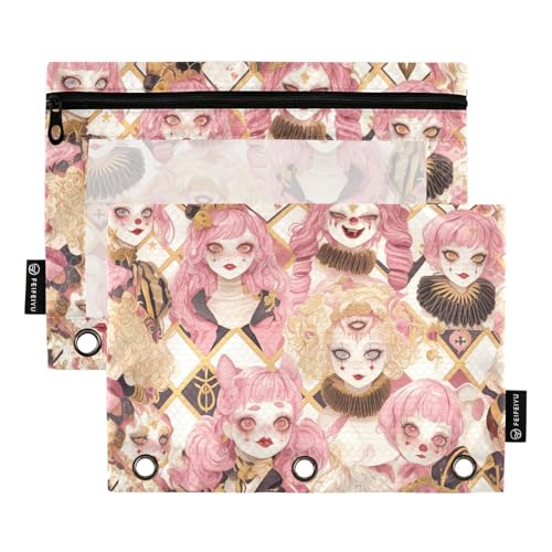 Bindertaschen mit 3 Ringen mit transparentem Fenster, rotgoldenes Cartoon-Puppen-Federmäppchen, Kunststoff, große und stabile Taschen, 3-fach gelocht, für Klassenzimmer, Schule, Bürobedarf, mehrfarbig von Amooorous