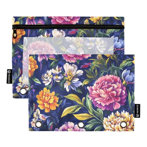Bindertaschen mit Reißverschluss mit transparentem Fenster, Ölgemälde mit bunten Retro-Blumen, Federmäppchen, Organizer, großer und stabiler Ordner, 3 Ringe zur Aufbewahrung von Schul- und Bürobedarf von Amooorous