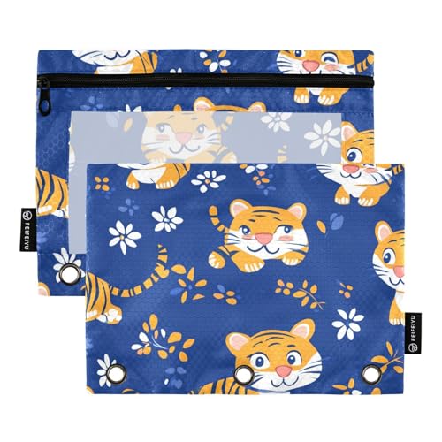 Bindertaschen mit Reißverschluss und transparentem Fenster, Cartoon-Motiv, niedliche gelbe Tiger, Federmäppchen mit Reißverschluss, transparentes Fenster und Ösen, 3-Loch-Binder zur Aufbewahrung von von Amooorous