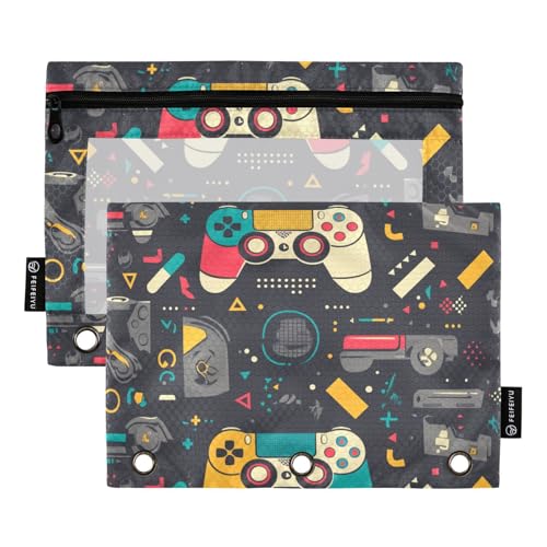 Bindertaschen mit Reißverschluss und transparentem Fenster, Cartoon-Spielmaschine, Kunststoff-Federmäppchen in verschiedenen Farben, 3-fach gelocht, Ordner für Bürobedarf, mehrfarbig, 2 Stück von Amooorous