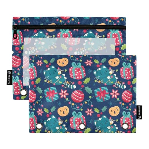 Bindertaschen mit Reißverschluss und transparentem Fenster, blau, Frohe Weihnachten, Party, große und stabile 3-Ringe, Ordner für Schule, Büro und Zuhause, mehrfarbig, 2 Stück von Amooorous