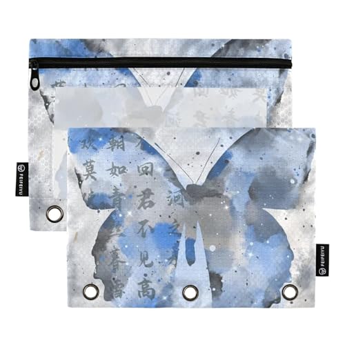 Bindertaschen mit Reißverschluss und transparentem Fenster, blaue Tinte, Schmetterling, großes Federmäppchen, groß und stabil, 3 Ringe, Ordner zur Aufbewahrung von Schule, Studenten, Lehrerbedarf von Amooorous