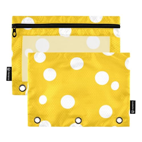 Bindertaschen mit Reißverschluss und transparentem Fenster, weiße runde Punkte auf gelbem Hintergrund, Federmäppchen in verschiedenen Farben, 3 Ringe, Ordner für Bürobedarf, mehrfarbig, 2 Stück von Amooorous