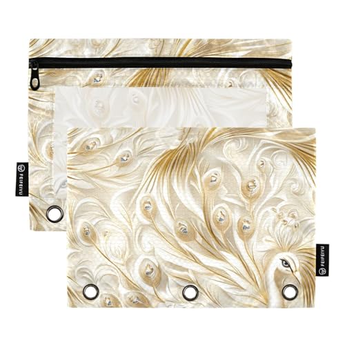 Bindertaschen mit Reißverschluss und transparentem Fenster, weißes goldenes Pfau, weiches Federmäppchen, groß und stabil, 3 Ringe, Ordnungsmappe zur Aufbewahrung von Schulstudenten, Lehrerbedarf von Amooorous