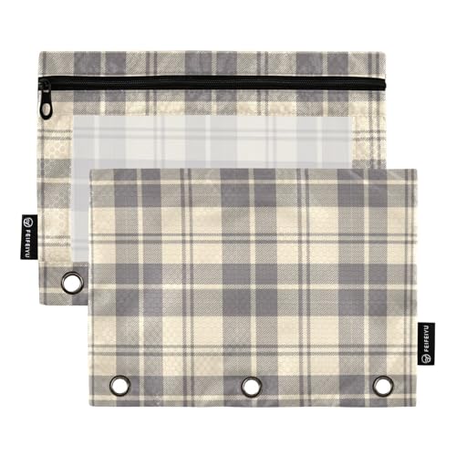 Bindertaschen mit transparentem Fenster, braunes kariertes Federmäppchen mit Reißverschluss, groß und stabil, 3 Ringe, Ordner für Bürobedarf, mehrfarbig, 2 Stück von Amooorous