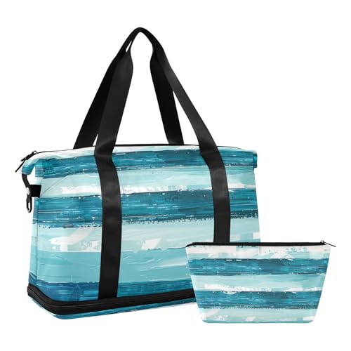 Blau-Grün und Weiß Horizontal Streifen Reisetasche Turnbeutel Nacht Handtasche und Gepäck mit verstellbarem Wanderriemen 2er Set, Blau-Grün und Weiß Horizontale Streifen, 1 Size, Blau-Grün und Weiß von Amooorous